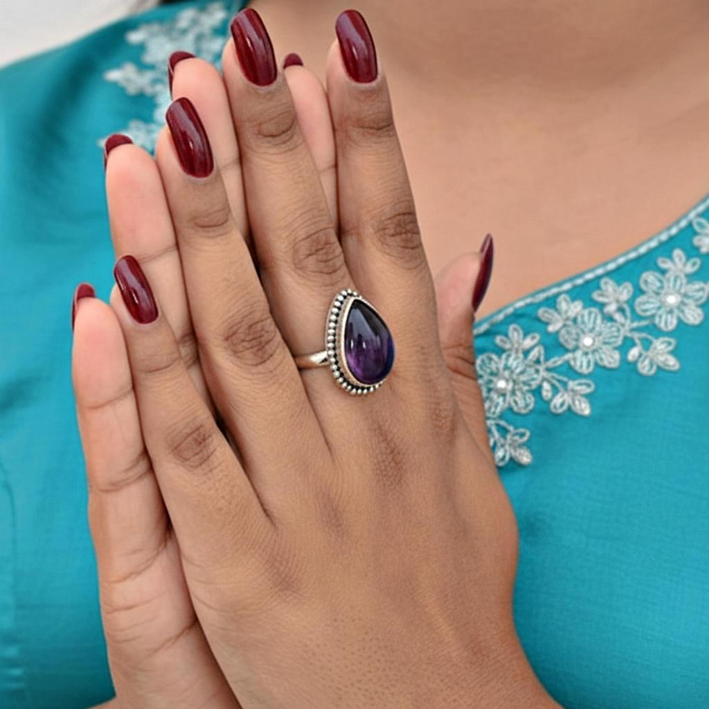 Purple Amethyst Pear Statement Ring, 925 Solid Sterling Silver, Handmade Gemstone Jewelry for Women