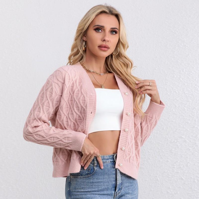 Womens V-Neck Knit Cardigan Sweater With Cable Twist Detail Thick Wool Blend Warm Outerwear