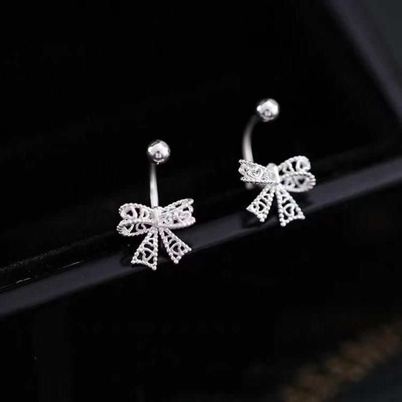 Vintage Silver Color Lace Heart Hollow Bow Screw Buckle Puncture Stud Earrings for Women Fine Jewelry Minimalist Accessories