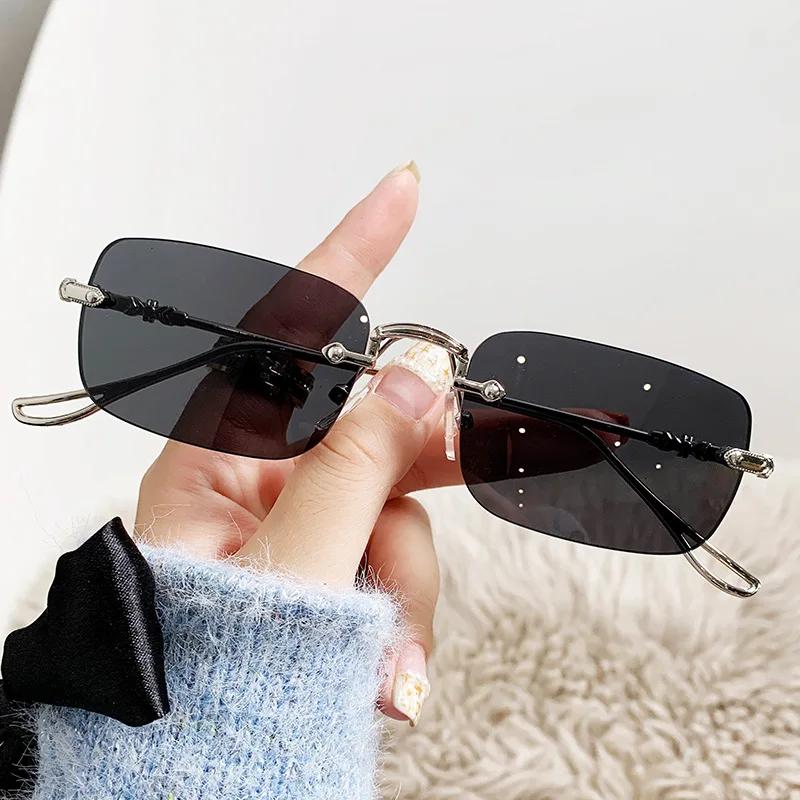 Metal Rectangle Sunglasses for Women Trendy UV400 Protection Rimless Ocean Lenses Vintage Style Sun Glasses