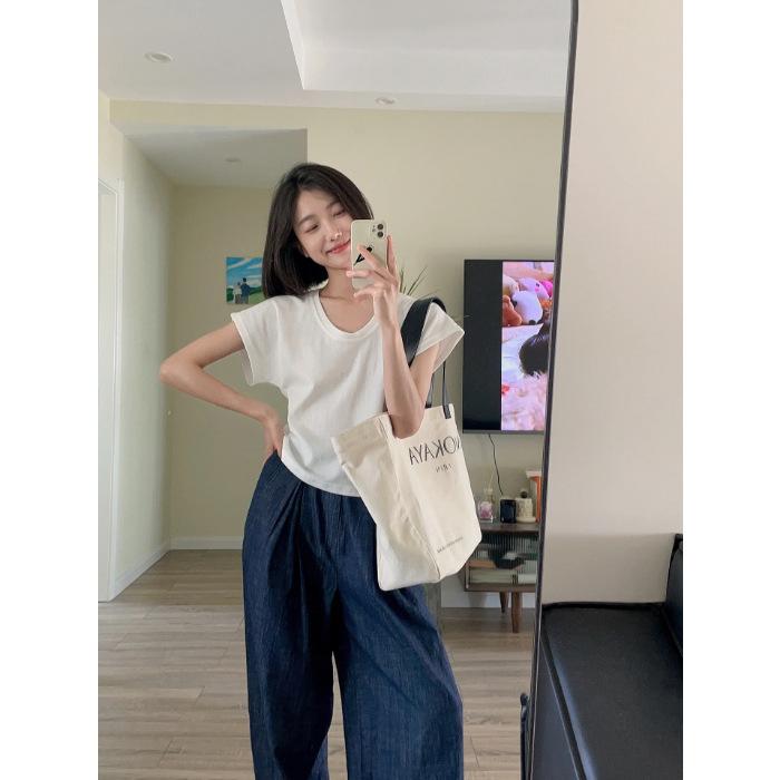 

Simple and versatile small fly-sleeved short top, cold in summer, lazy round neck white short-sleeved t-shirt women s clothing S белый