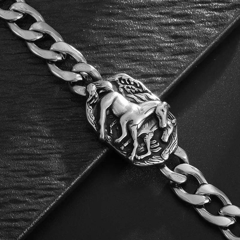 Retro Domineering Stainless Steel Horse Benz Cuban Chain Bracelet Men's Punk Cool Street Party Jewelry Gift