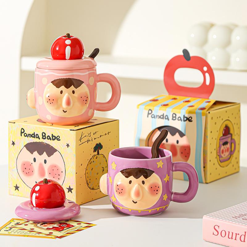 Creative Funny Ceramic Cup Mug with Lid Spoon for Home Use Strange Water Cup for Girls Office Breakfast Cup