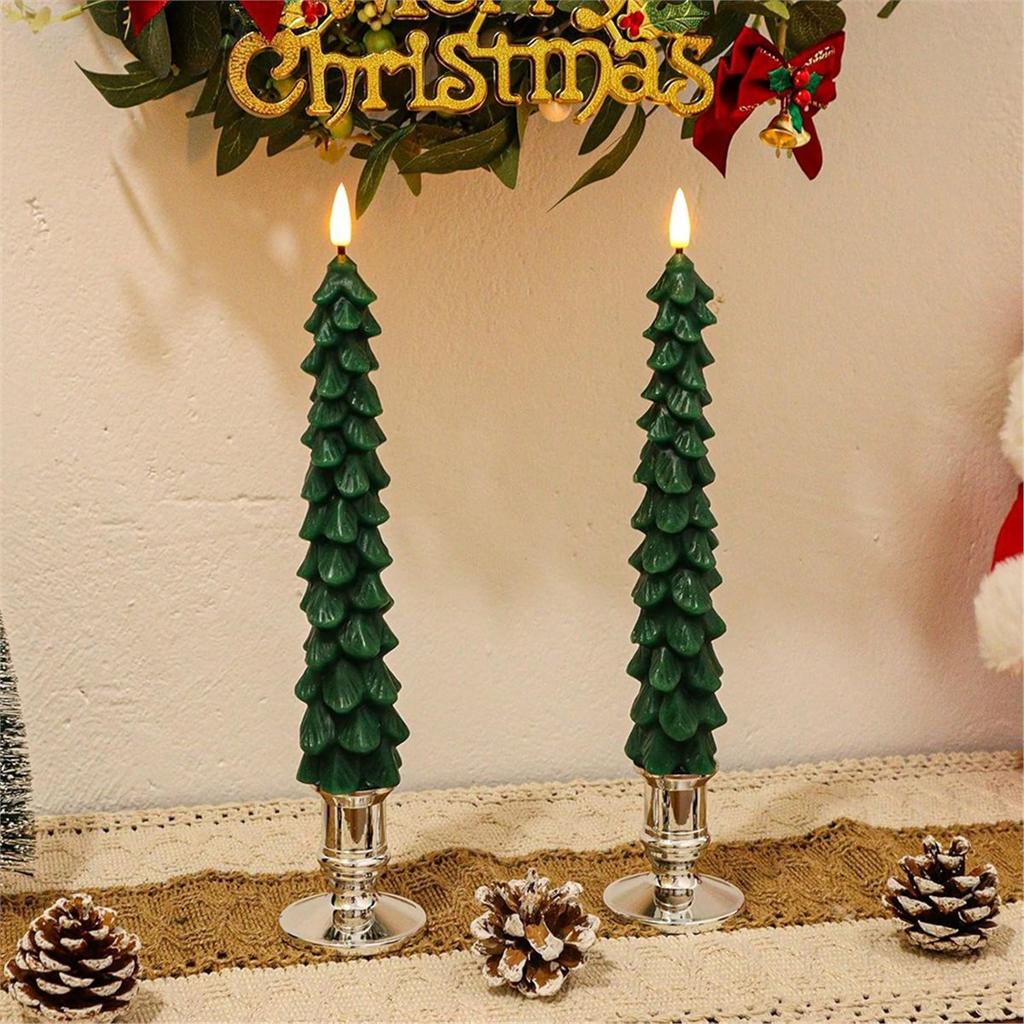 Christmas Tree Candles with Remote Timer, 2pcs Flameless LED Taper Candles Battery , Green Waxy Christmas Candlesticks