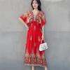 Ethnic Style V-neck Cotton and Silk Short-sleeved French Thai Style Dress for Women's Summer Printing Pastoral Style Skirt for Vacation Wear