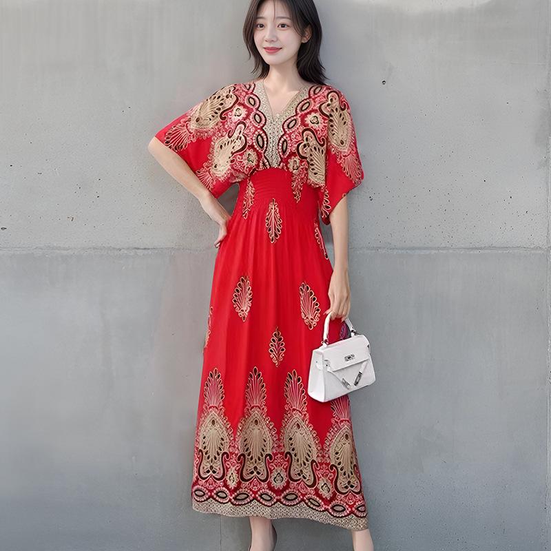 Ethnic Style V-neck Cotton and Silk Short-sleeved French Thai Style Dress for Women's Summer Printing Pastoral Style Skirt for Vacation Wear