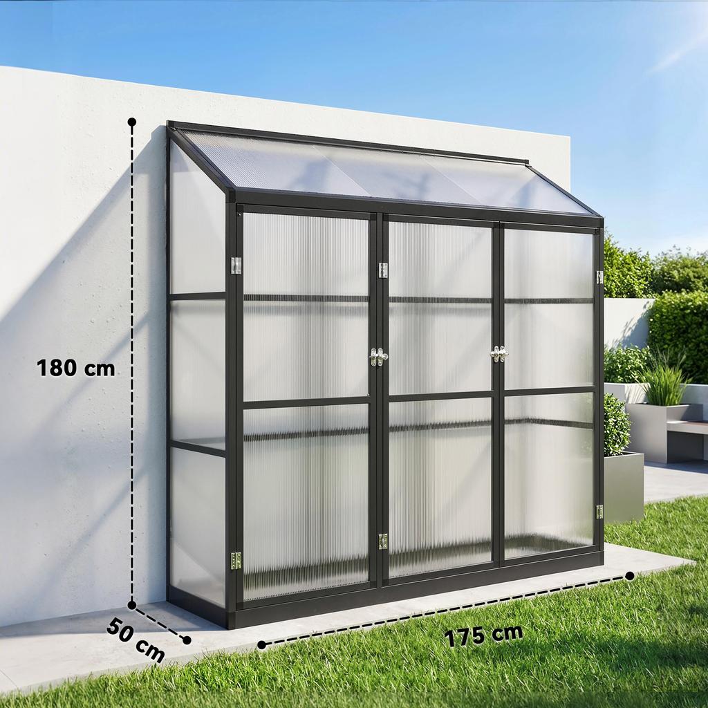 Polycarbonate Greenhouse with 3 Hinged Doors, Top Vent, Lean-to Green House, Walk-in Greenhouse, 6 X 1.5ft, Black