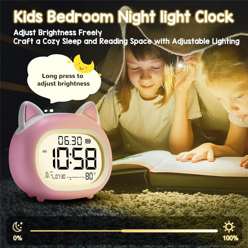 M-Modern-Cute Cat Alarm Clock With Night Light, Digital For Kids Alarm Clocks For Bedrooms, Routine Builder Pink