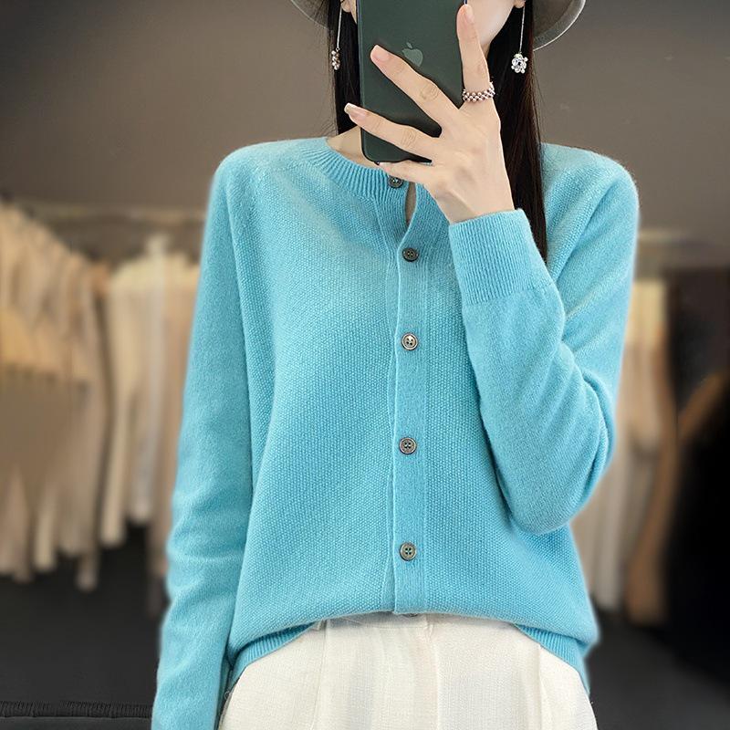 Women's Osmanthus Stitch Wool Cardigan - Round Neck, Loose Fit, Button-Up, Casual Knitwear Outerwear