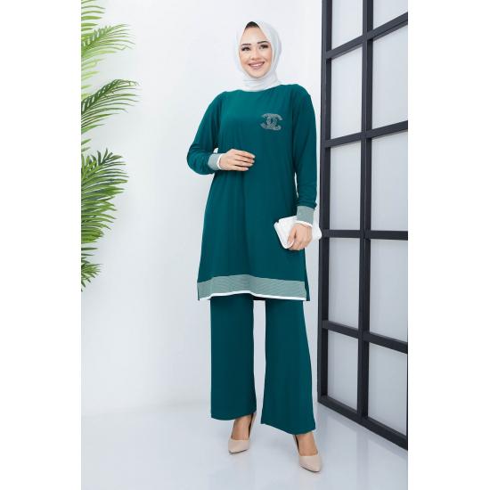 Islamska szafa damska prążkowana tunika spodnie garnitur hidżab