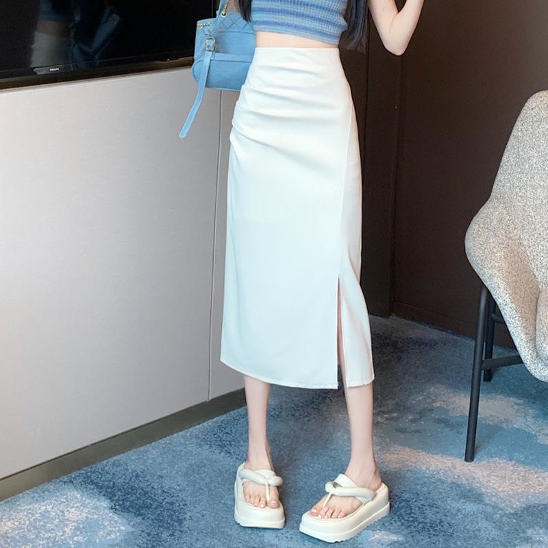 

2024 Новая юбка А-силуэта с завышенной талией и складками: Женская юбка с неровным разрезом на бедрах на весну и осень M абрикосовый