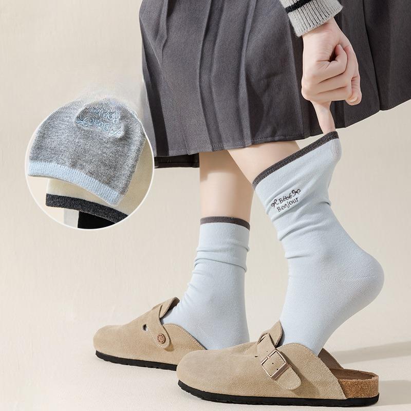 Spring and Autumn Socks, Women's Embroidered Letter Trendy Color-blocking Socks, Versatile Mid-calf Cotton Socks, Versatile Pile Socks