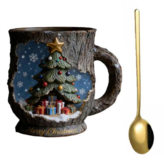 Taza Navideña Festiva Textura Corteza de Árbol 3D Temática Papá Noel Reno Taza de Café Resina Decoración Navideña Regalos Novedosos