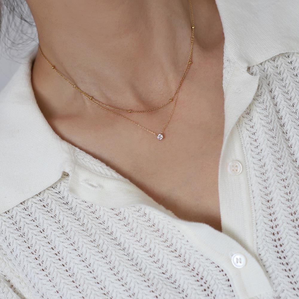 Stainless Steel Exquisite Single Zircon Pendant Double Layer Chain High Quality Textured Necklace Waterproof Trendy Jewelry