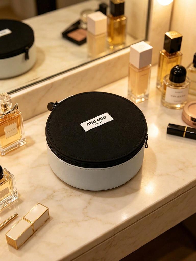 MIUMIU Round Black White Color Block Makeup Bag Label Logo Portable Travel Cosmetic Wash Bag for Women