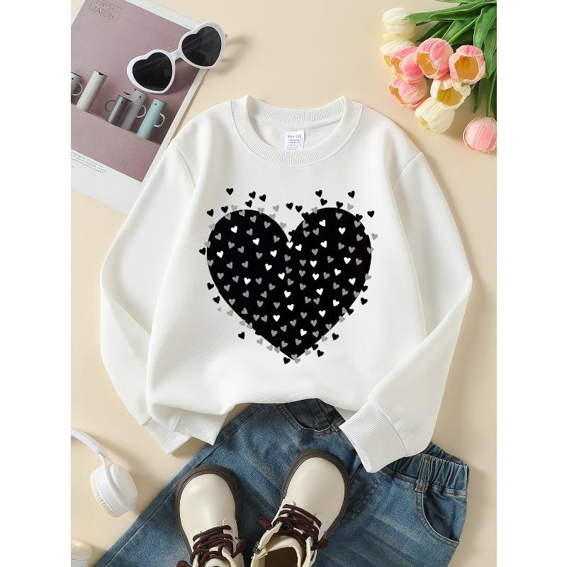 Girls Soft Crewneck SweatshirtBlack Heart Pattern with Small Hearts with Cute Creative Print, Casual All-Match for Fall Winter, Ideal Holiday Present
