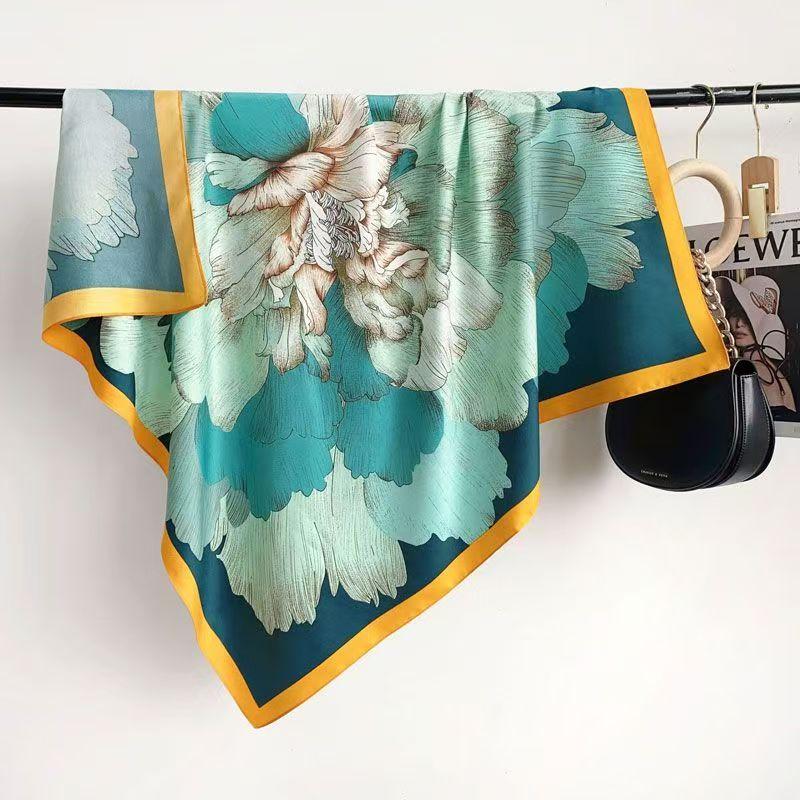 Elegant Square Silk Scarf Flower Pattern Handbag Wraps Head Handkerchief 70*70Cm Double Sides Neckerchief Women