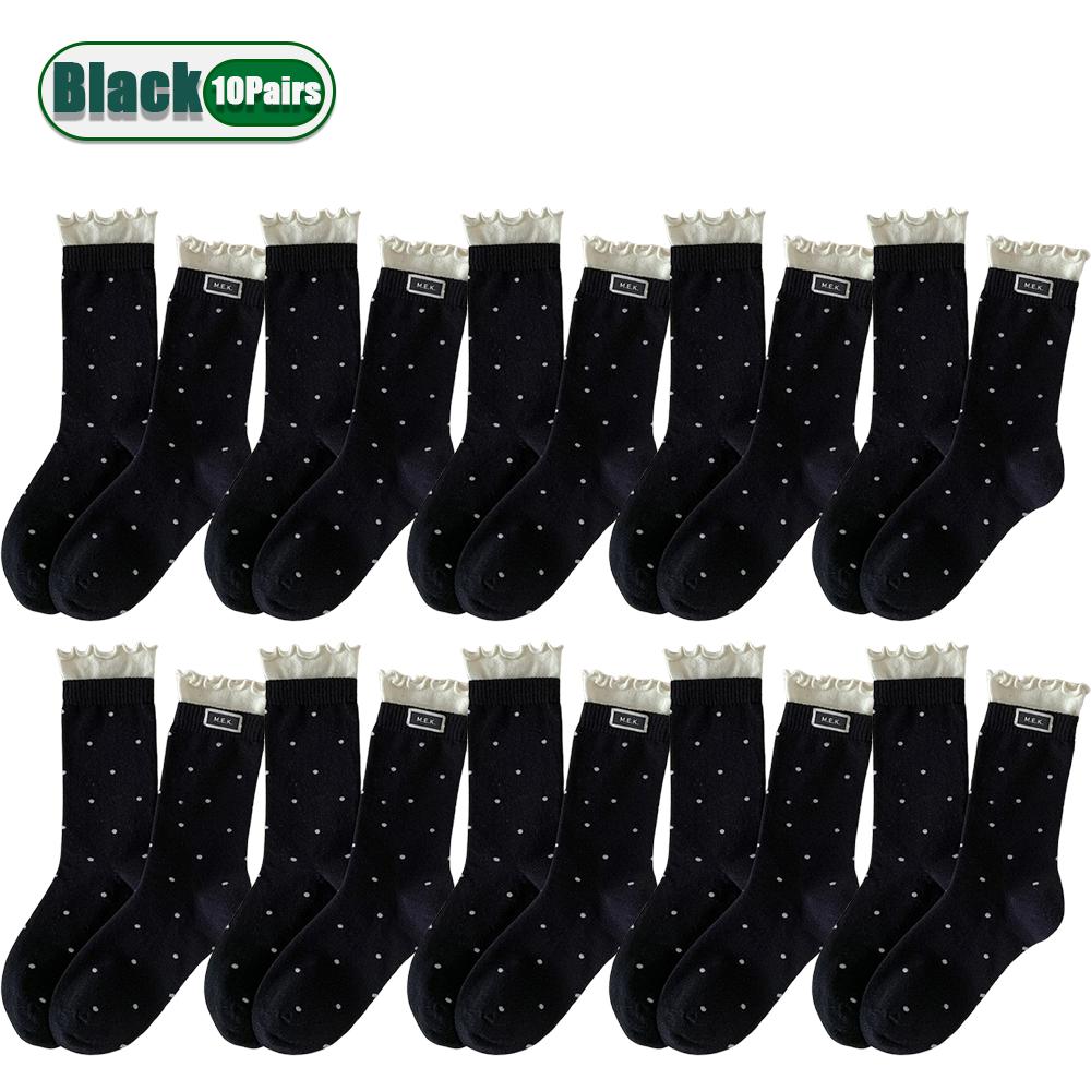 Women Cotton Long Socks Soft Breathable Cute Dots Frilly Edge Retro Preppy Style Comfortable Casual Fashion Socks For Everyday