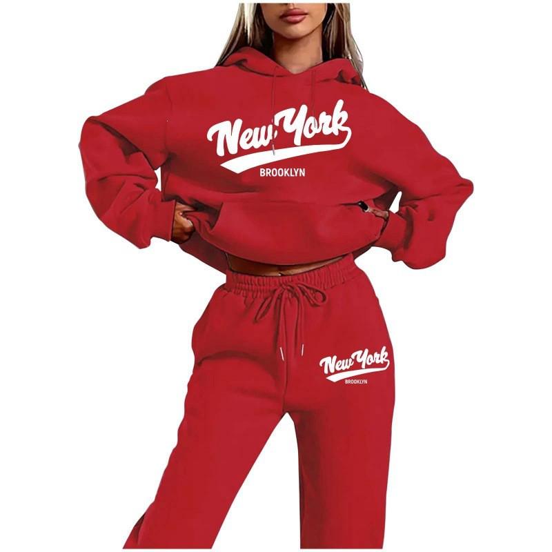 Womens 2026 New York Print Hooded Sweatshirt Set With Fleece-Lined Pants Fall Winter Outfit Streetwear Casual Tracksuit