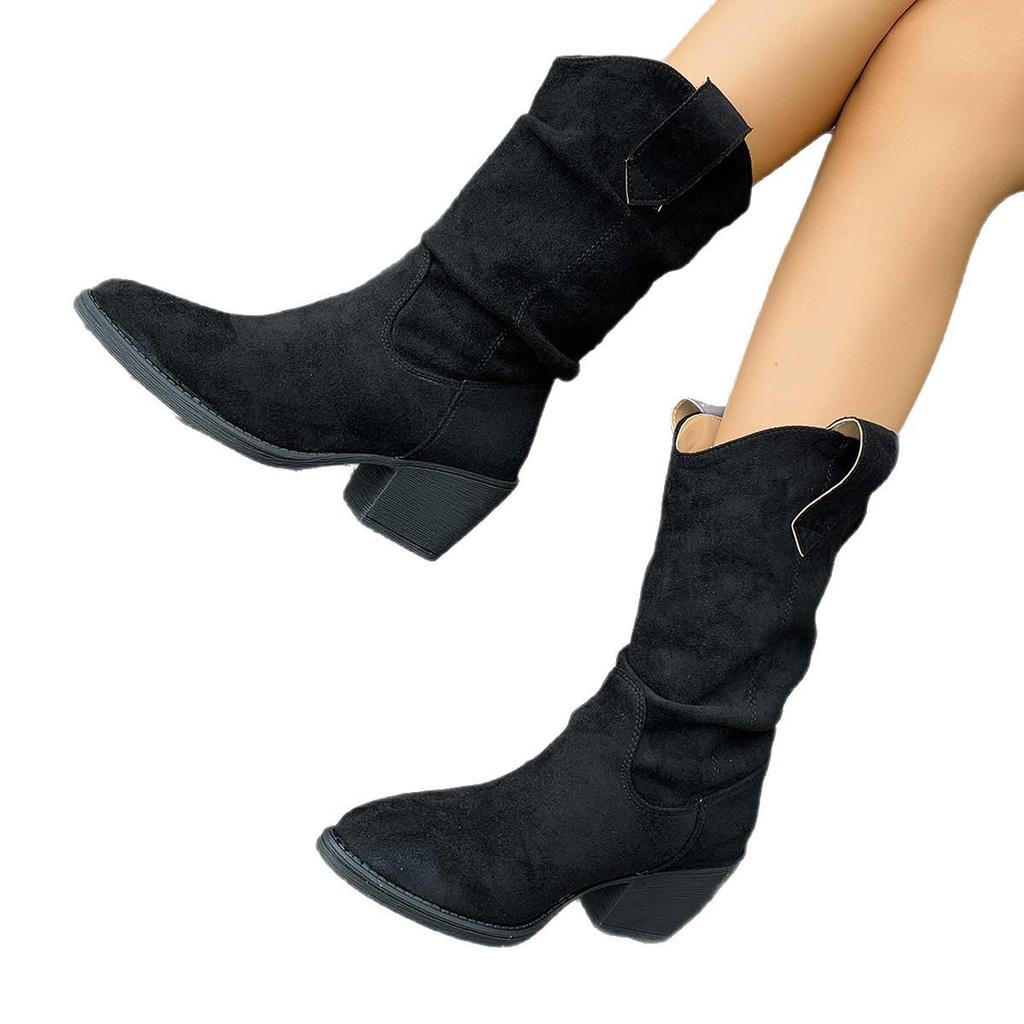 Women's Chunky Heel Retro Mid-Calf Western Boots - 2025 Autumn/Winter Collection