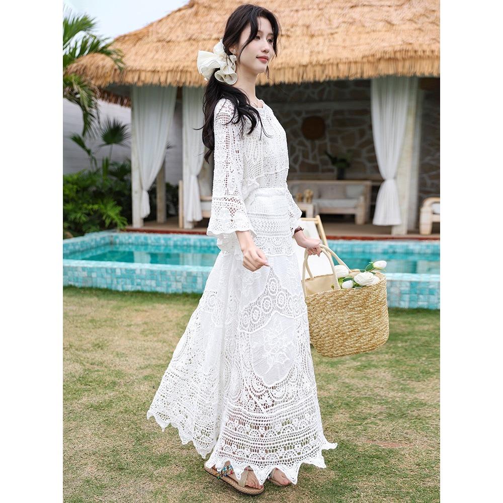 DIMANAF 2025 Women New Suit Skirt Knitting Beach Short Sleeve Lace Hollow Out Sexy O-Neck Hollow Summer Style Tops Tees Loose Basic