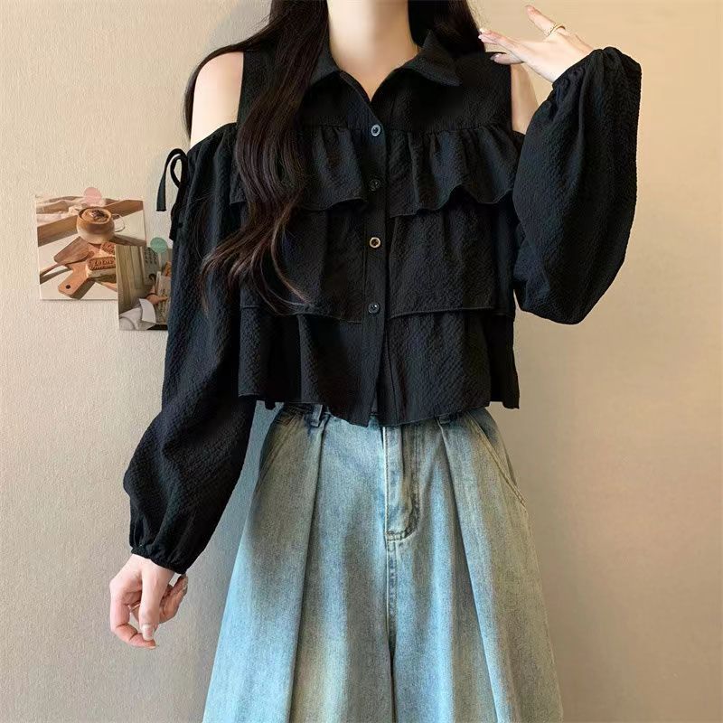 

Off Shoulder Design Women s Shirt Solid Color Ruffled Bow Famale Button Blouse New Trend Fashionable Loose Ladies Long Sleeved Top S чёрный