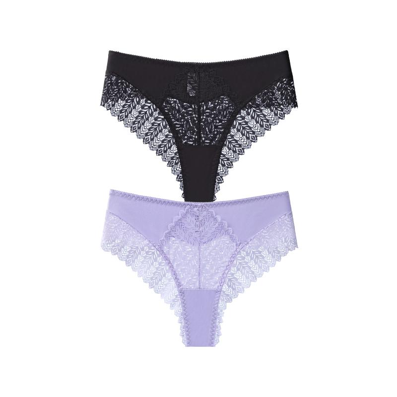 TERMEZY 2Pcs/Lot Sexy Mid Rise Patchwork Briefs Hollow-out Lace Pattern Panties Solid Color Breathable Skin-fit Briefs