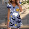 Summer Fashion Women's V Neck Short Sleeve Halloween Printed  Dress Sex Short Skirt Dresses