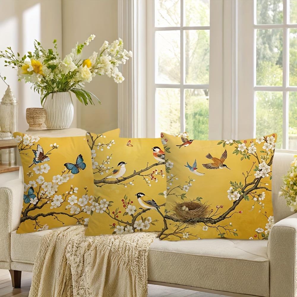 1/4pcs Yellow Pillowcases with Floral and Bird Motifs Sofa Cushion Cover Home Bedroom Room Decoration