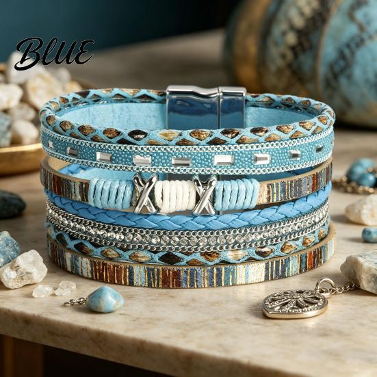 Bohemian Bracelet Braided Multi-Layered Faux Leather Rope Casual with Square