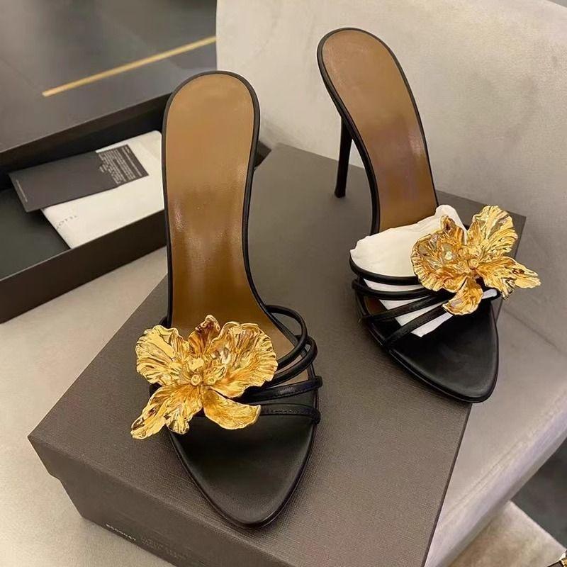 Metal flower beautiful open-toed sandals 2025 summer and autumn new thin heels round head sexy cool slippers wear high heels