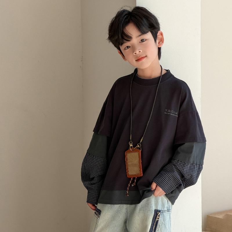 Boy S Navy Fake Two Piece Sweatshirt Casual Long Sleeve For Big Kids