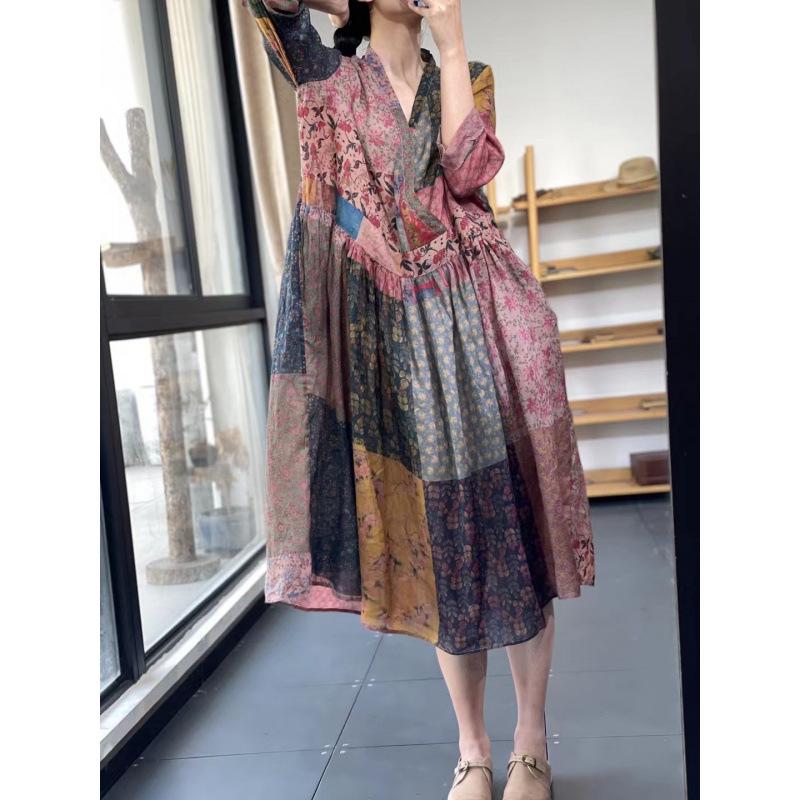 2025 Wiosna/Lato Lniana Sukienka z Dekoltem V, Kwiatowa, Retro, Etniczna, w Bloki Kolorystyczne, Luźna, Casualowa