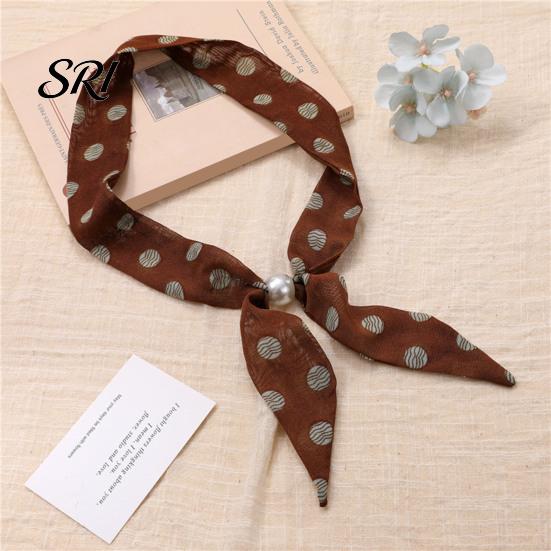 Satin Neck Scarf Women Imitation Pearl Buckle One-Piece Design Lightweight Chiffon Breathable Summer French Retro Black White Dot Collar Decorative