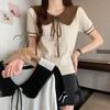 Korean Version Contrasting Doll Neck Knitted Base Shirt Women's Spring and Autumn Chic Bow Tie Short Top
