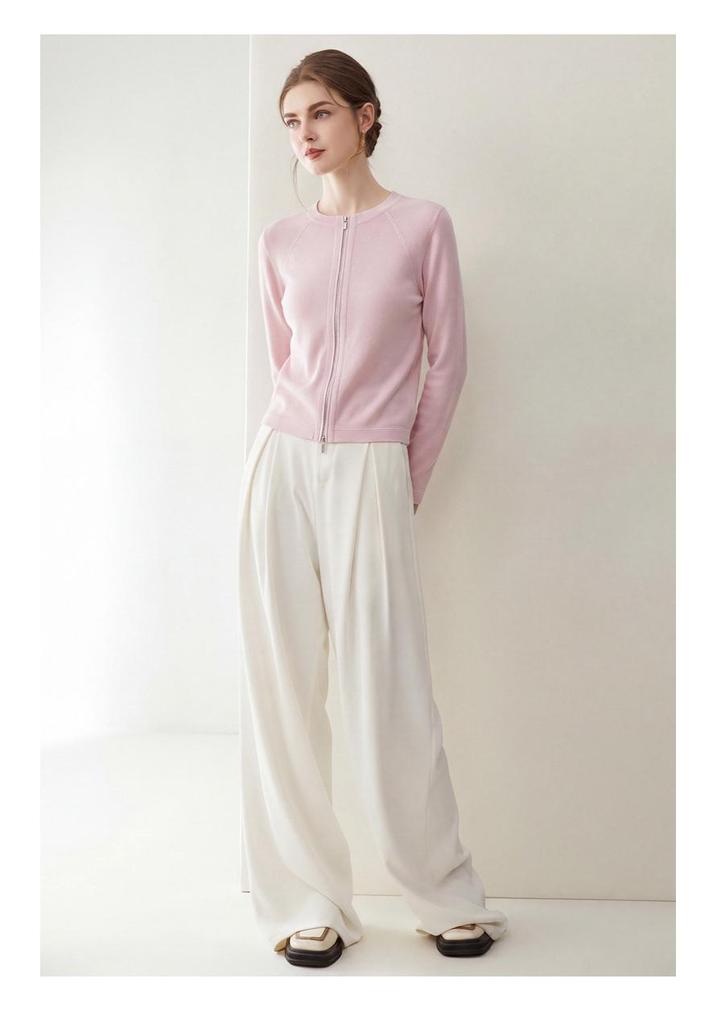 Yangzi Yarn Pure Wool Slim Fit Zipper Round Neck Women's Cardigan - Summer Thin Style