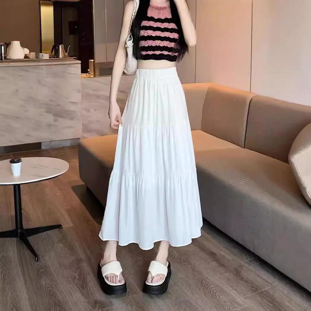 2024 Women's Black Elastic High-Waist Midi A-Line Skirt: Slimming, Draped, and Trendy for Spring/Autumn