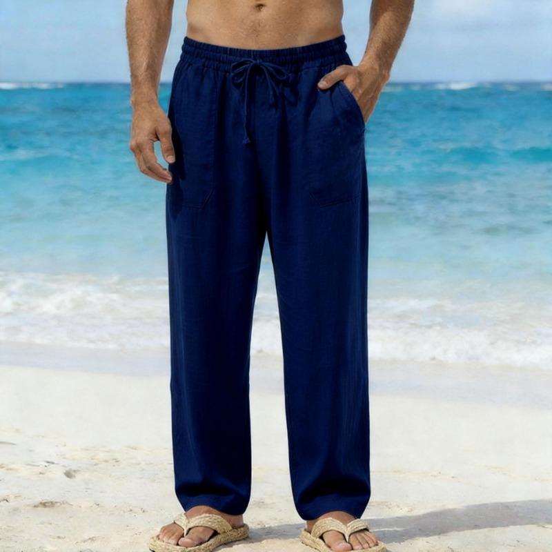 Men's White Linen Blend Beach Pants Drawstring Waist Casual Trousers