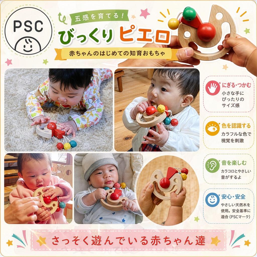 Surprise Clown - Japan Good Toy Award Winner (A Fun Wooden Toy That Can Also Be Used As a Pacifier or Teether!) Wood Education - Recommended As a Baby