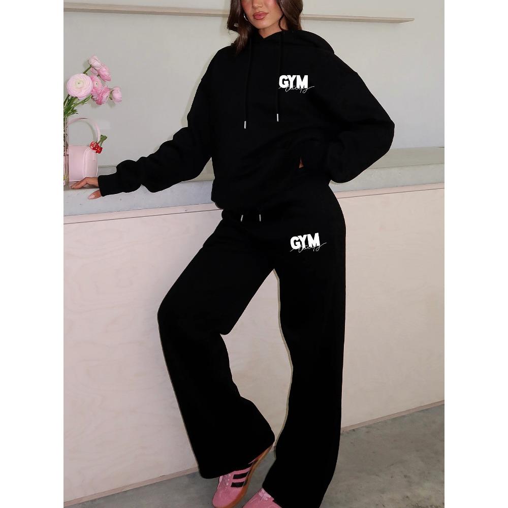 Set Trendy con Stampa di Lettere, Felpa con Cappuccio e Pantaloni Larghi da Ginnastica, Set Due Pezzi Pigro Casual, Set Stile Street