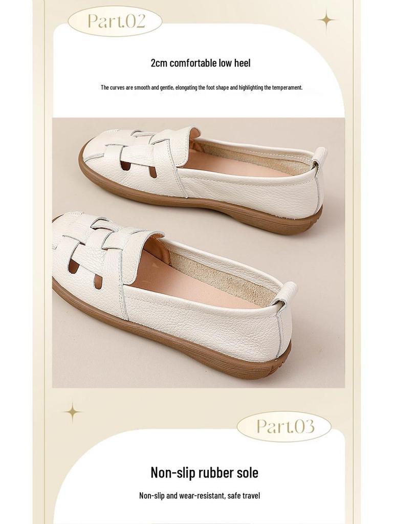 Genuine Leather Women's Summer Casual Comfort Sandals with Soft Soles and Perforated Design for Middle-Aged Moms