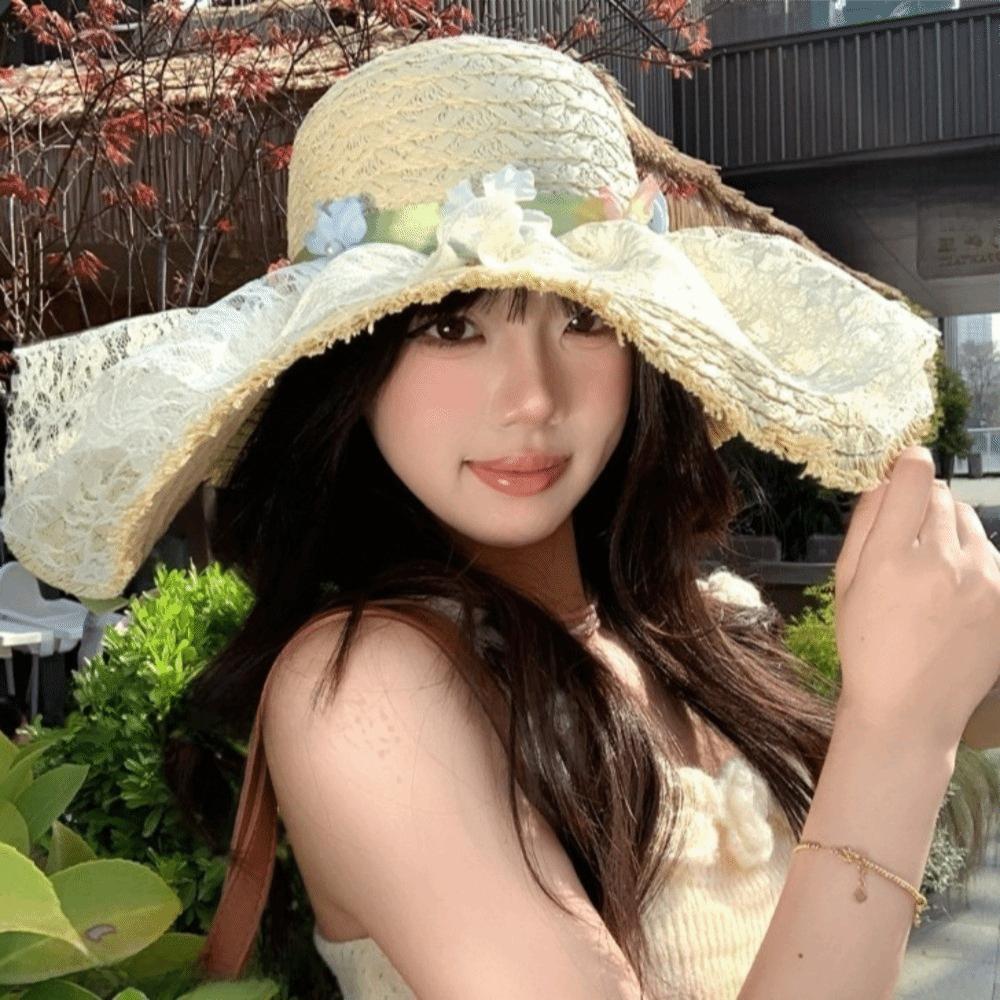 Flower Vacation Beach Cap Breathable Woven Sun Cap Sweet Lafite Straw Hat  Masquerade