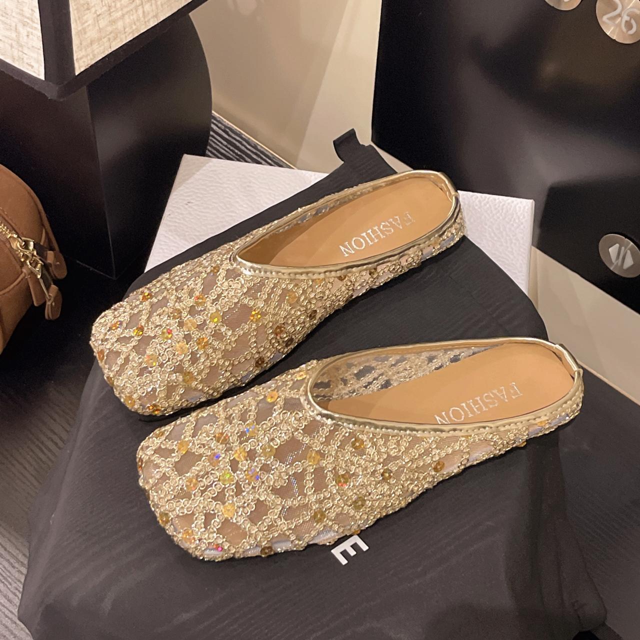 

Big Size Shoes Slippers Casual Slides Cover Toe Luxury Fashion Bling Shoes Cover Toe Ladies Slippers Luxury Slides Big Size Des 42 золотий