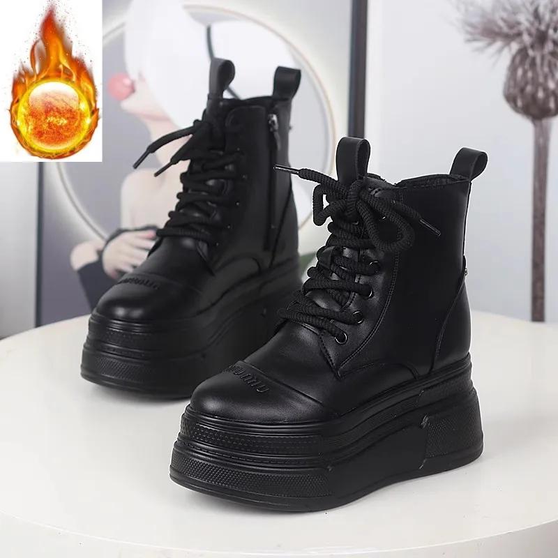 Fashion 12CM Cow Genuine Leather Spring Women Autumn British Motorcycle Fashion Ankle Boots Platform Wedge Flats Slip On Shoes