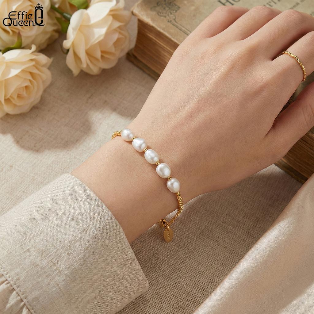 EFFIE QUEEN 925 Pure Silver 14k Gold Baroque Pearl Nugget Chain Bracelet Natural Jewelry for Women Wedding Party Banquet GPB38
