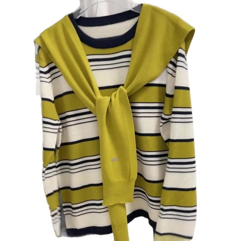 Shawl Striped Crew Neck Bottom Shirt Long Sleeve Sweater Comfortable Pullover Autumn and Winter Skinny Knitted Sweater