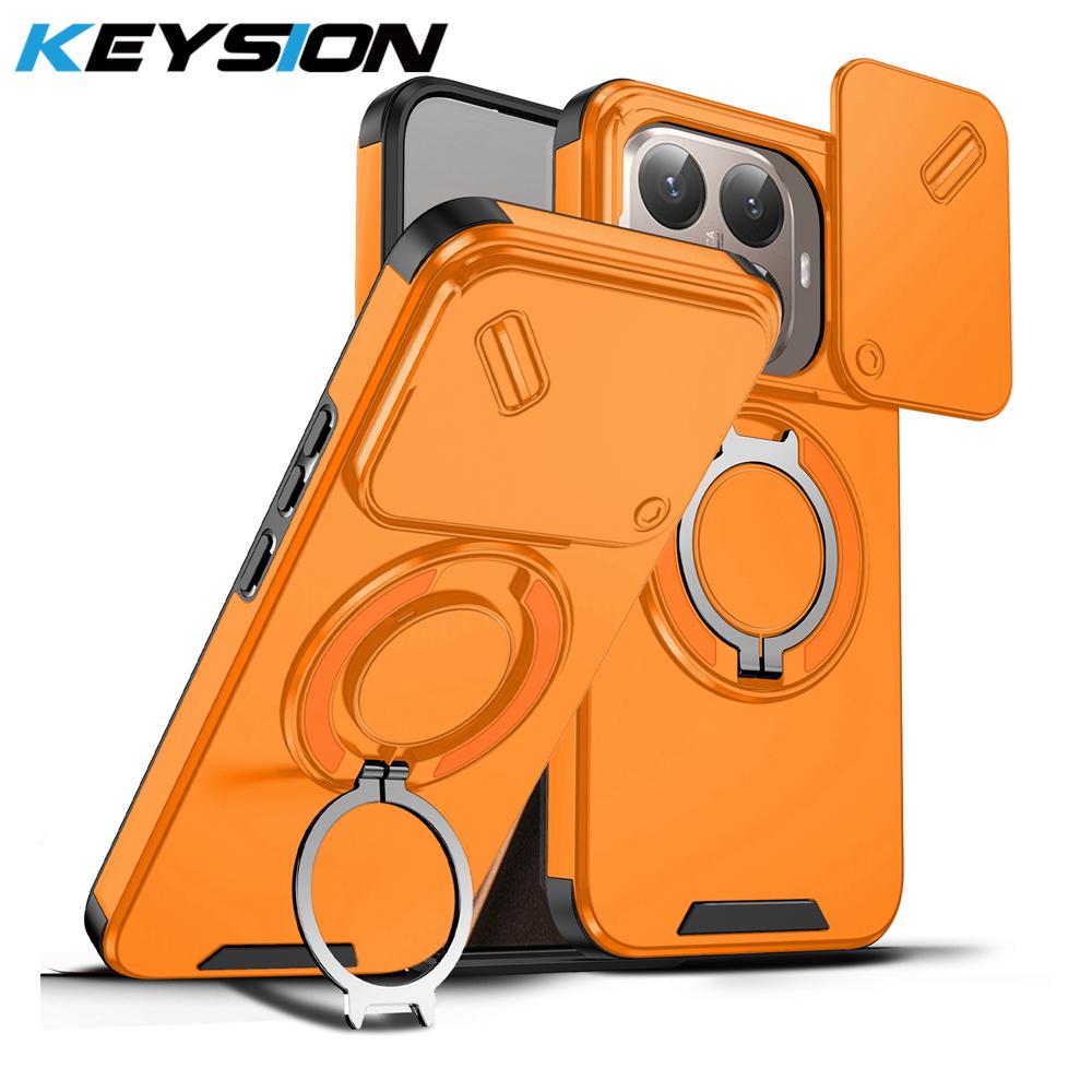 KEYSION 360° Rotating Ring Stand Phone Case for Xiaomi 15T 15T Pro Silicone+PC Slide Camera Protection Magnetic Shockproof Cover