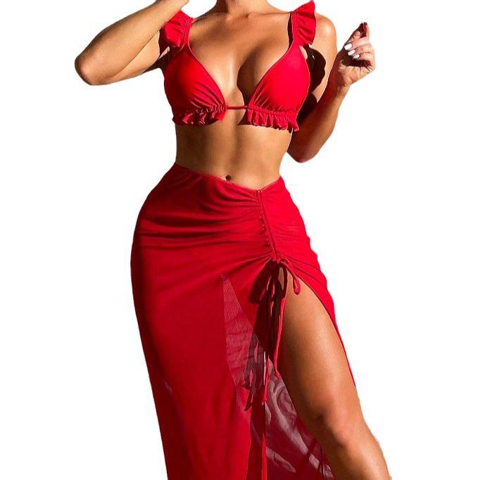 2024 European-American Bikini Three-Piece Set: Sunscreen Mesh Skirt Vacation Swimsuit