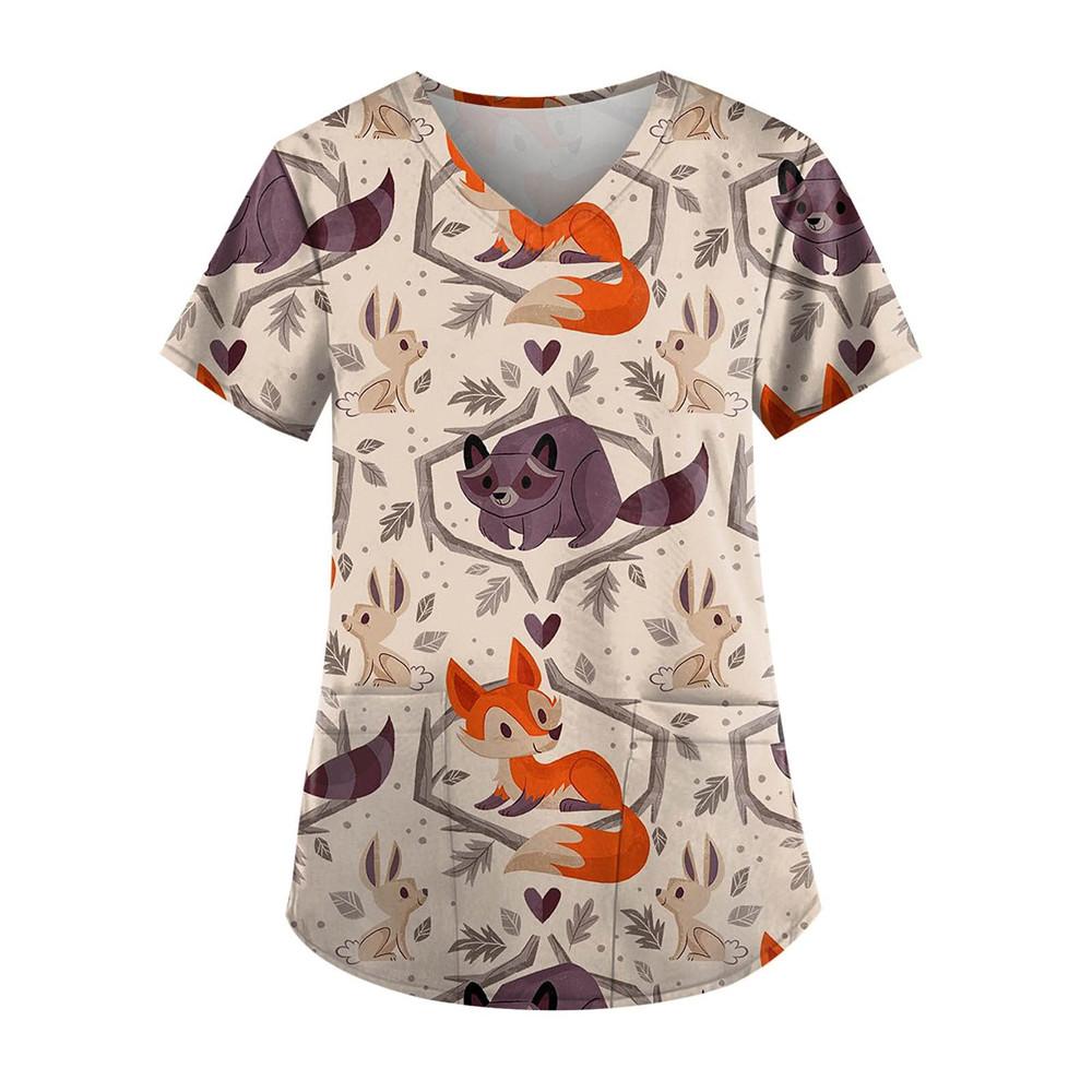 Women's Clothing Cartoon 3D Print V-neck Women's Working Clothes Tops Short Sleeve With Pockets Carers Medical Nurse Uniform