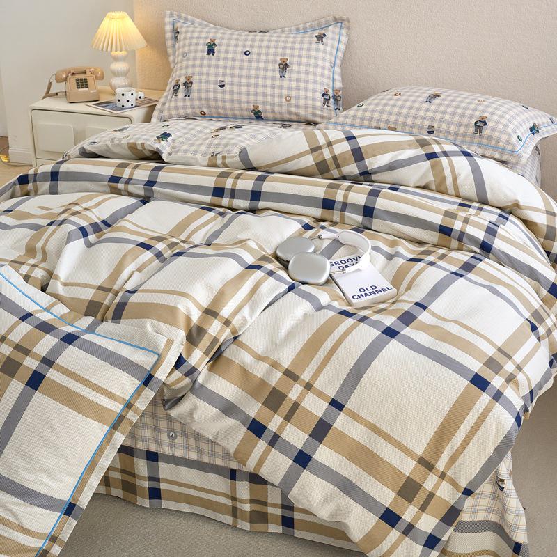 Fresh & Simple Pure Cotton Four-Piece Printed Dorm Set – Includes Three-Piece All-Cotton Bed Sheet, Bed Skirt, and Bedding Set.